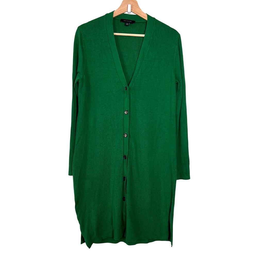 Ann Taylor Womens Green Longline Button Front V-Neck Cardigan Sweater Medium